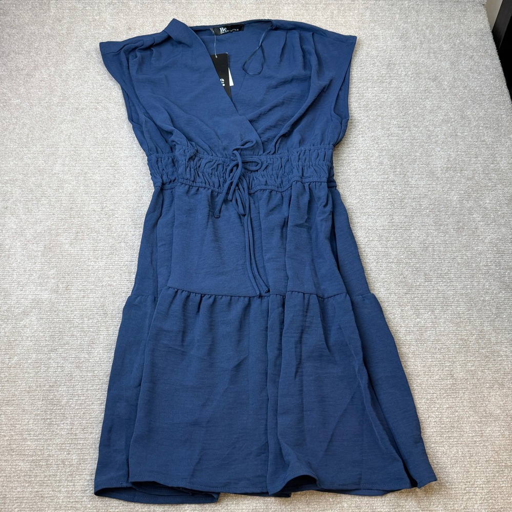 NWT Be by CHETTA B Womens L Navy V Neck Sleeveless Tiered Mini Dress